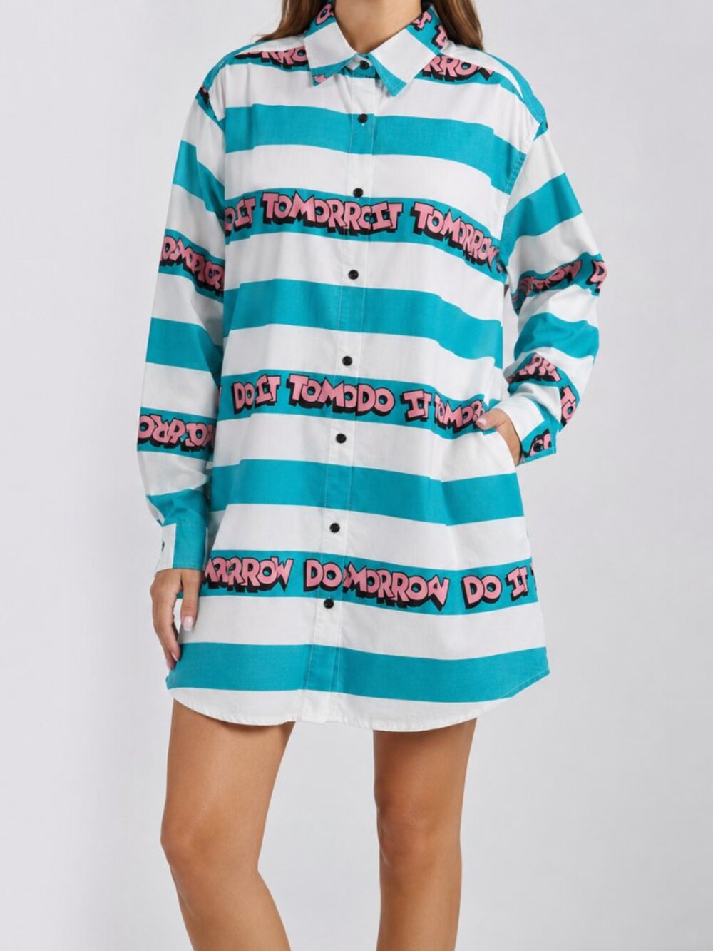 Lazy Oaf 'Do It Tomorrow' Striped Shirt Dress Teal White Pink Womens Small SM